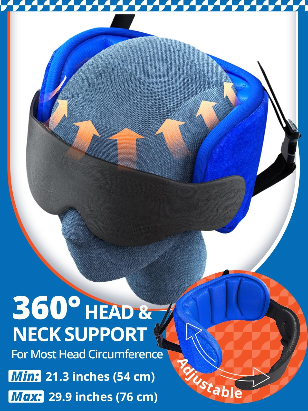 Travel Pillow for Airplanes with Head Strap & Eye Mask, 360° Support Headrest