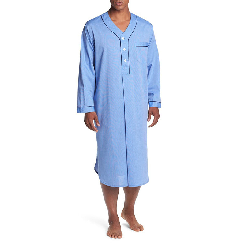 Men Cotton Nightshirt Long Sleeve Loose Long Sleep Shirt Pajamas Sleepwear Dress