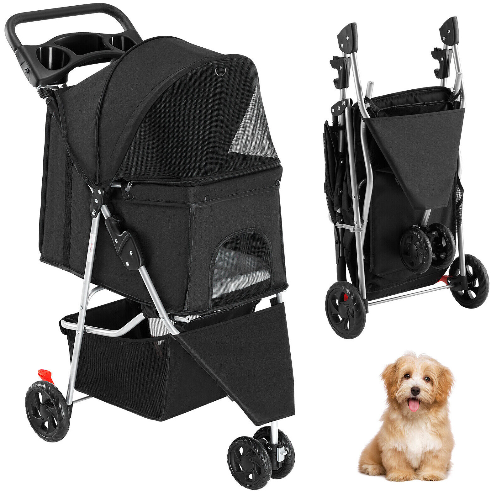3-Wheels Outdoor Pet Travel Stroller for Small Dogs and Cats with Safety Brake
