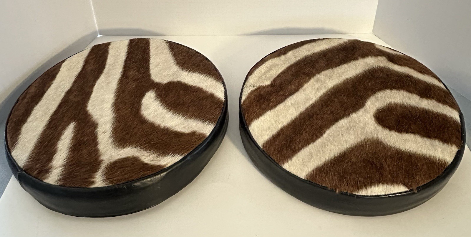 Pair of Vintage Authentic Zebra Hide Cushions - Safari African Animal Round 14”