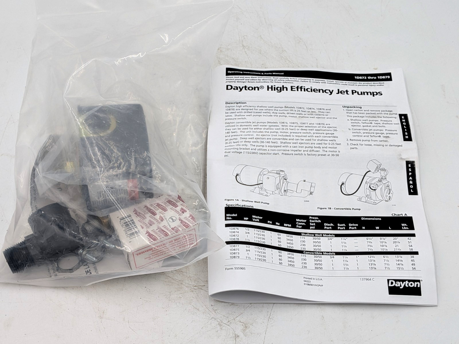 Dayton 1D877 Convertible Jet Pump 1/2 HP 115/230V 3/4" Discharge 1-1/4" Inlet