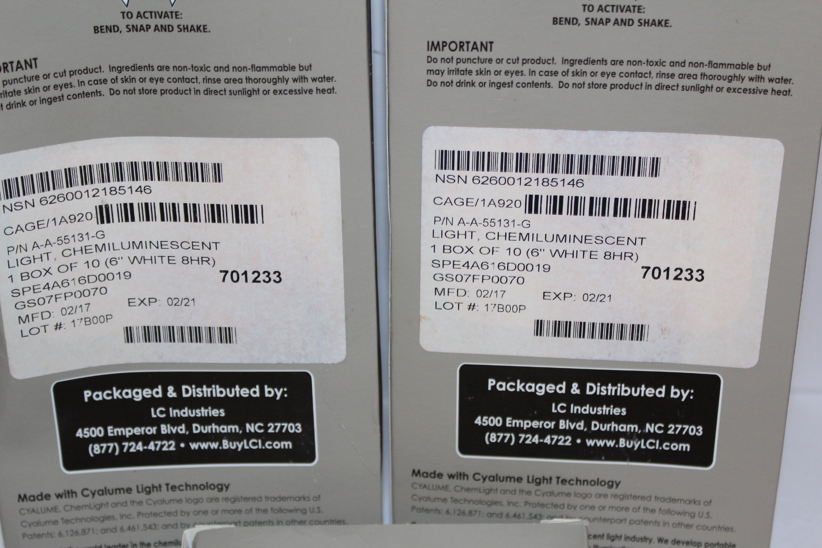 3 x LC Industries ChemLight 6 inch White Box of 10 Military Grade Glow Sticks