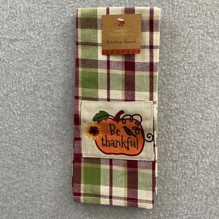 Fall Kitchen Towel Oven Mitt & Pot Holder Set of 4 Green Plaid Pumpkin NWT