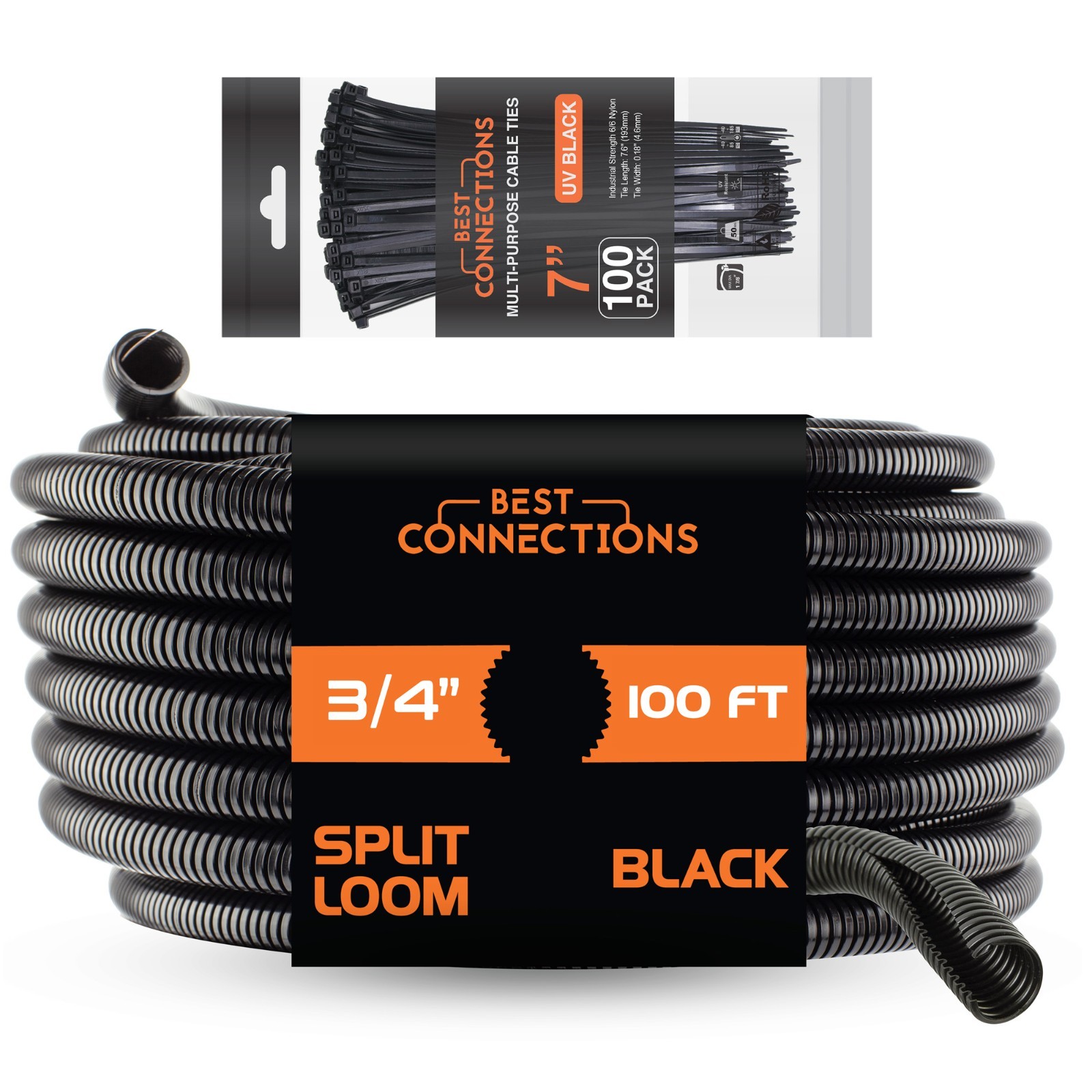 Best Connections 100ft 3/4" Loom Tubing & 100 Pcs 7" Zip Ties Black Flex-Guard