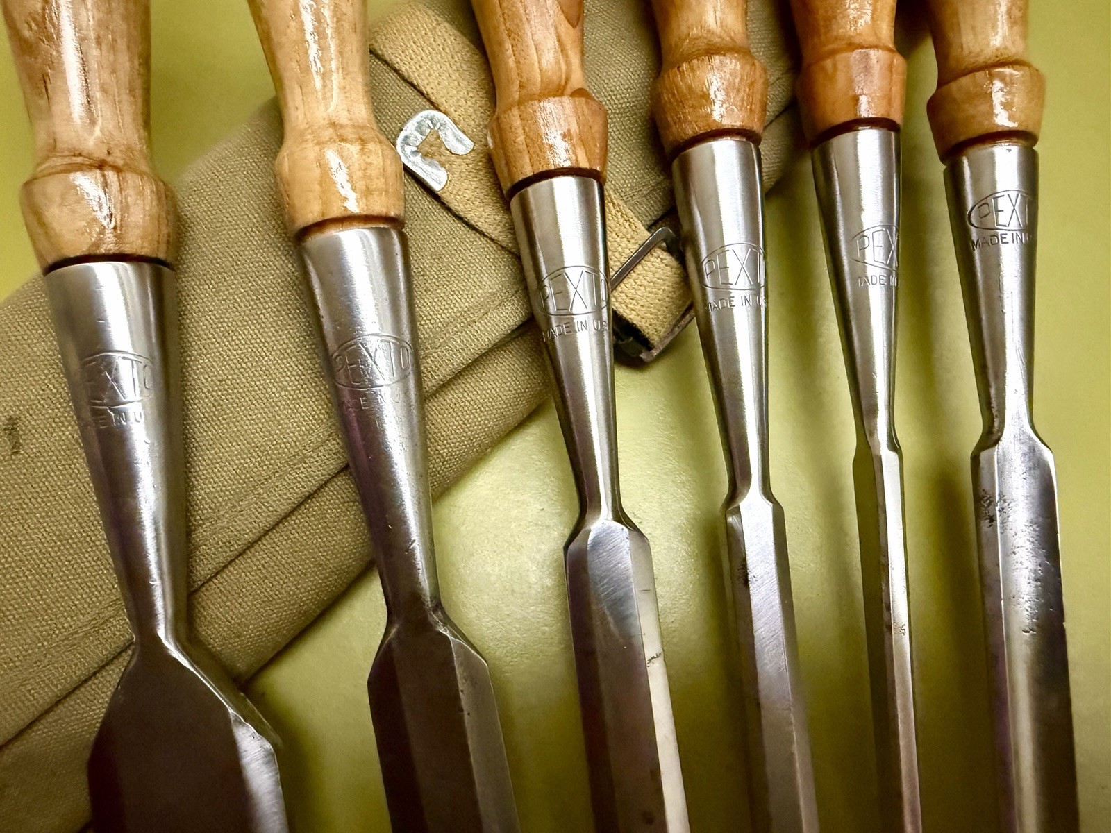 SUPERB 6-pc Set PEXTO vtg Socket Chisels w/MATCHING Handles & CANVAS TOOL ROLLUP