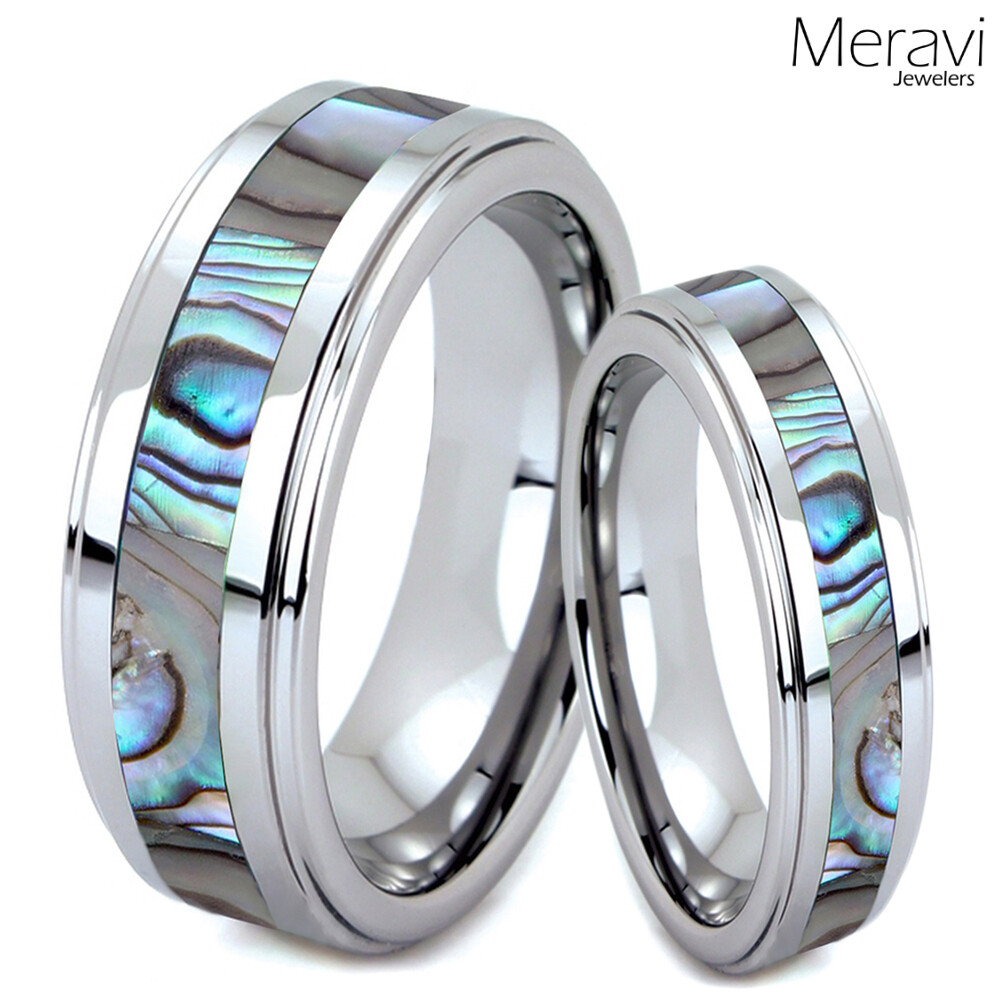 His Hers Tungsten Carbide Men Silver Wedding Band Promise Ring Abalone Shell SET