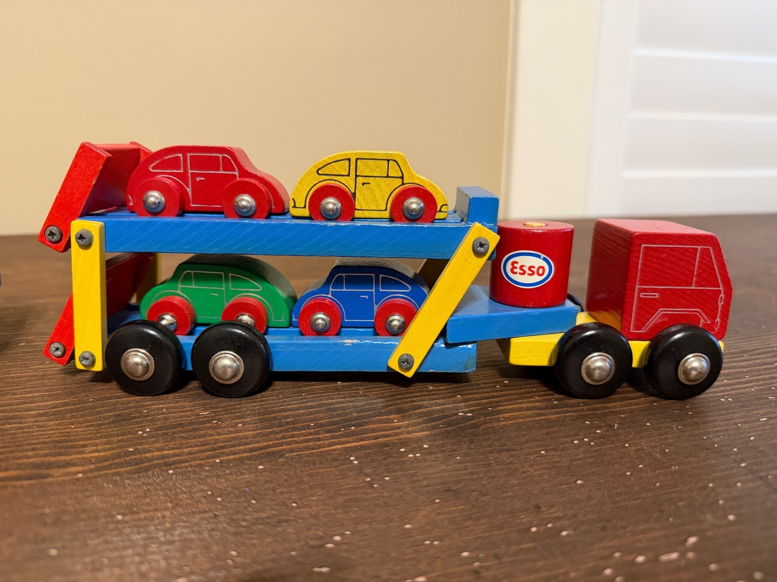 Western Germany Vintage Heros Wooden Toy Car Transporter and Crane Truck Trailer