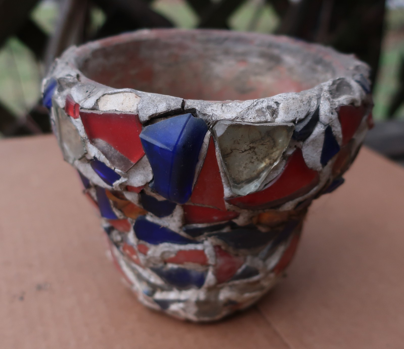 Old Antique Memory Jug Mosaic Glass Pieces over Flower Pot Crock Folk Art
