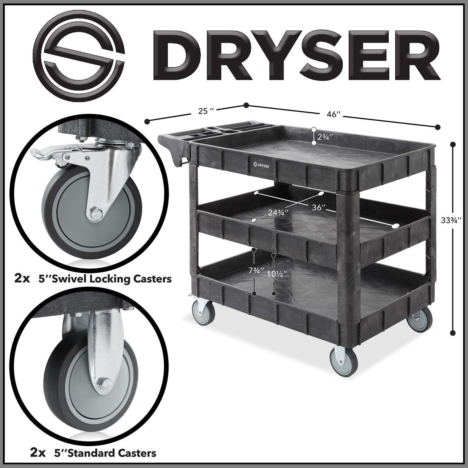 OPEN BOX - Utility Service Cart with 2-5" Swivel Wheels, 3 Shelves, 550lb.