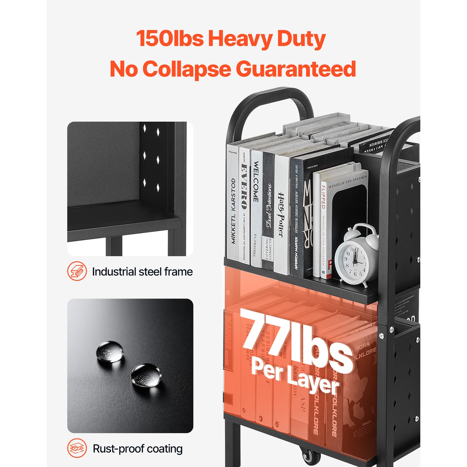 2-Tier Rolling Book Cart Double Sided L-Shaped Shelves Book Truck in Black