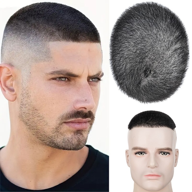 Men's Toupee Human Hair Ultra Thin Skin PU Hairpiece System Wig Short Buzz Cut