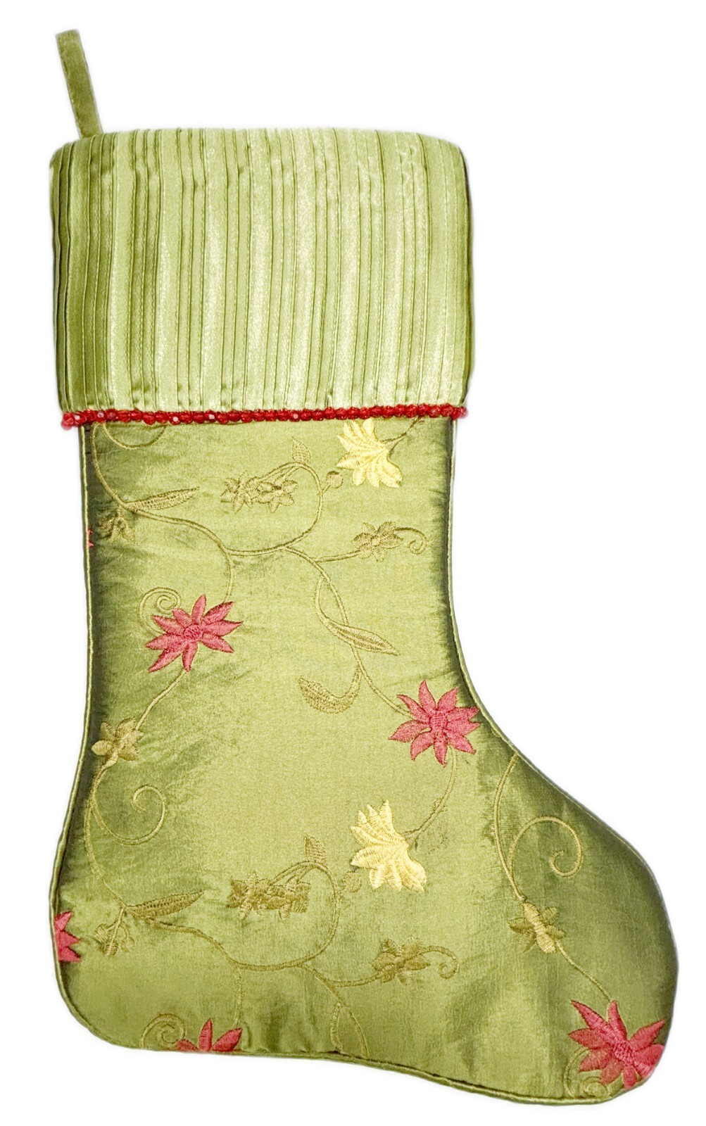 17” World Market Green Satin Christmas Stocking Floral Embroidery Beads