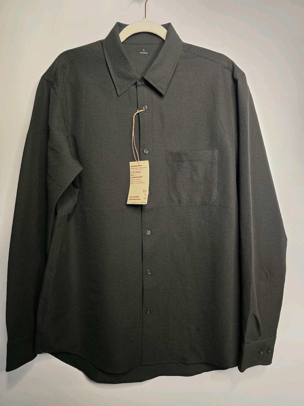 sz Lg Muji  Long sleeve, button down breathable seersucker Shirt, breeze materia