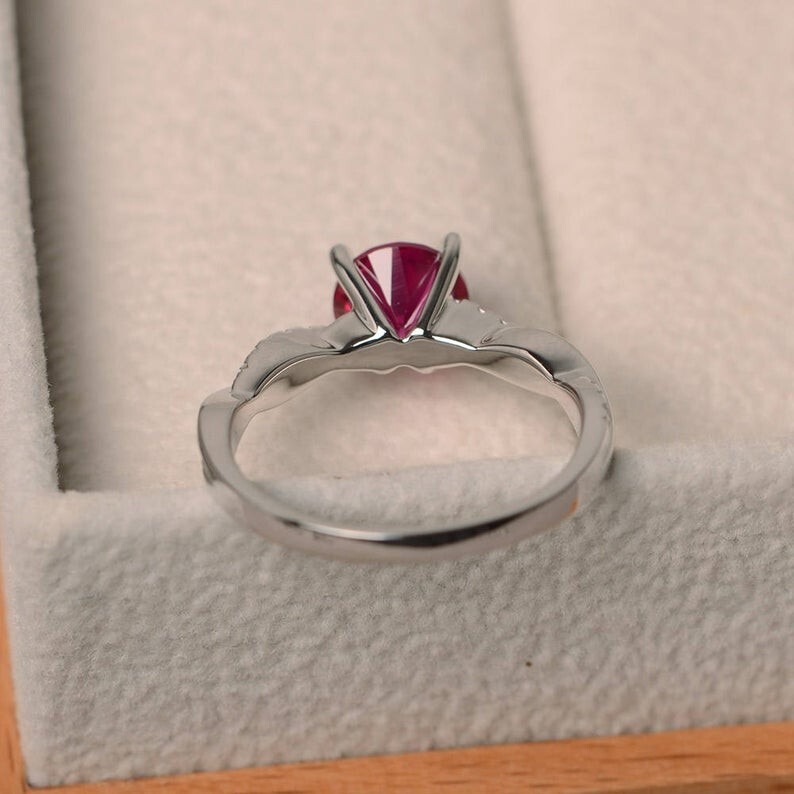 1.20 Ct Round Natural Ruby Diamond Engagement Ring 14K White Gold Size 6