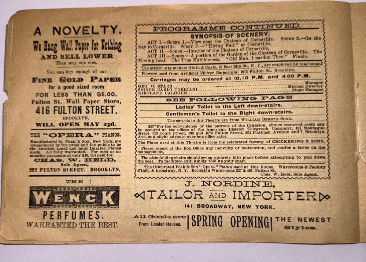 RARE 1887 CRITERION THEATRE PROGRAM CHIMES OF NORMANDY AT FULTON & GRAND AVENUE