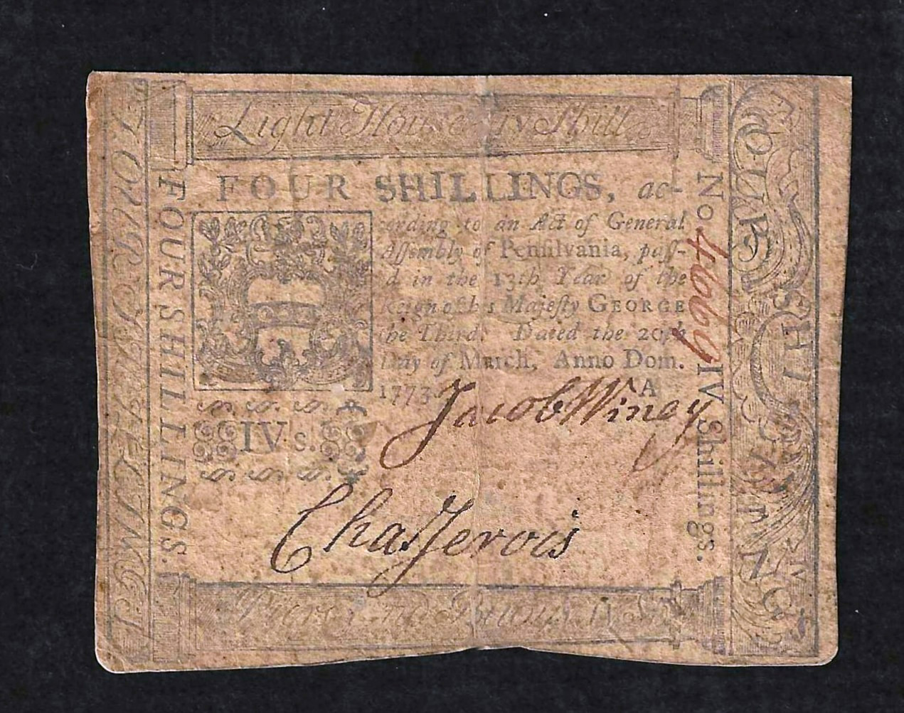 1773 PENNSYLVANIA COLONIAL  4 SHILLINGS ~  SCARCE CAPE HENLOPEN LIGHTHOUSE ISSUE