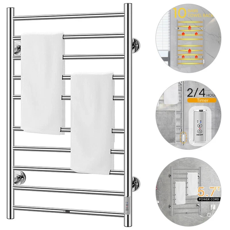 Electric Heated rack towel Warmer 10 Stainless Steel Bars Drying Bathroom silver
