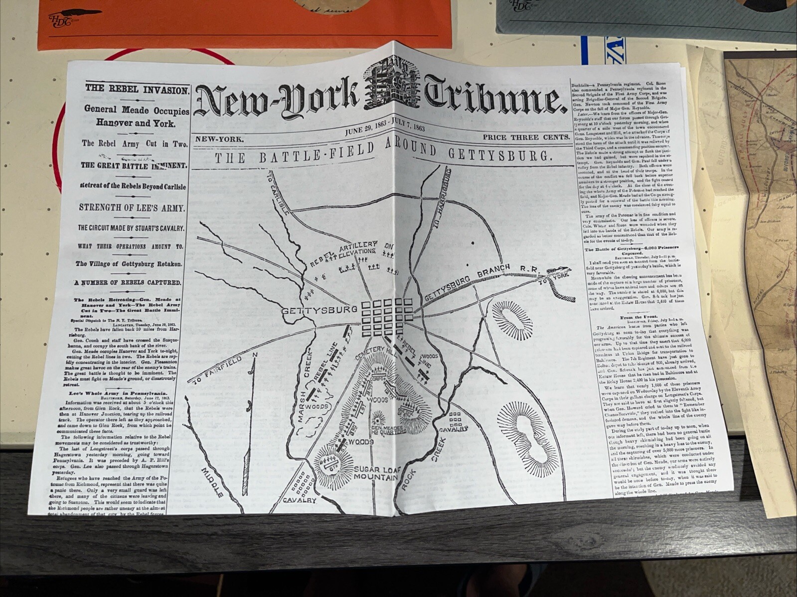 Civil War Battle of Gettysburg Reproduction Authentic Documents & Maps lot Of 8