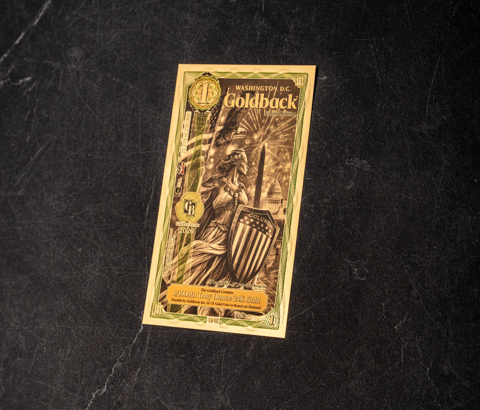 10X 1 WASHINGTON DC Goldback Aurum Gold Foil Note 1/1000 oz 24kt .999 Fine GOLD