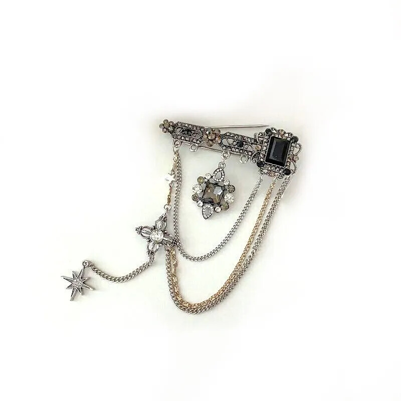 Fashion Black Gemstone Sparkling Rhinestone Star Tassel Chain Brooch Pin Jewelry