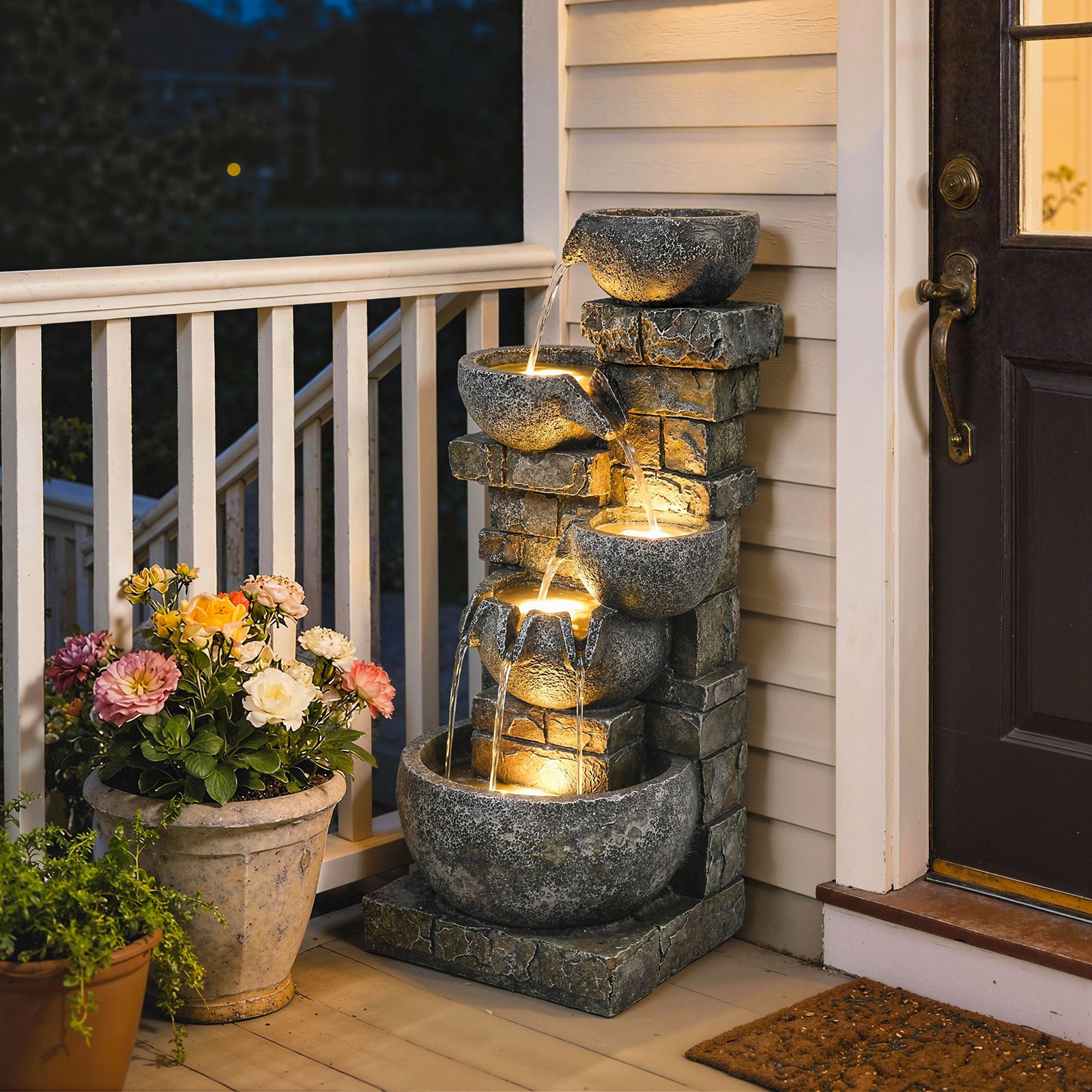 Outsunny 5 Tiers Outdoor Water Fountain with LED Lights, Gray