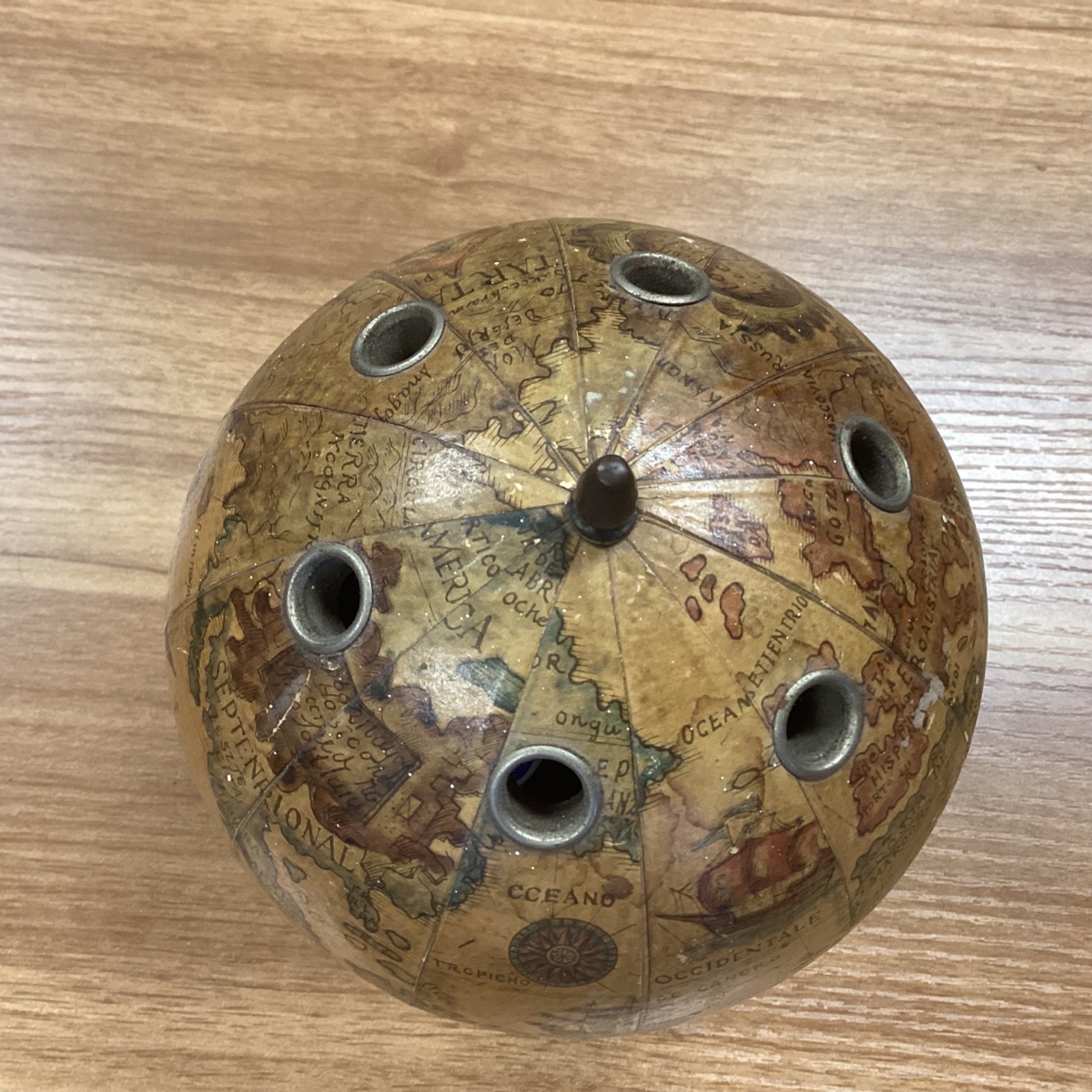 Vintage Wooden Earth Globe Pencil Pen Holder 4.5" Tall Desk Accessory