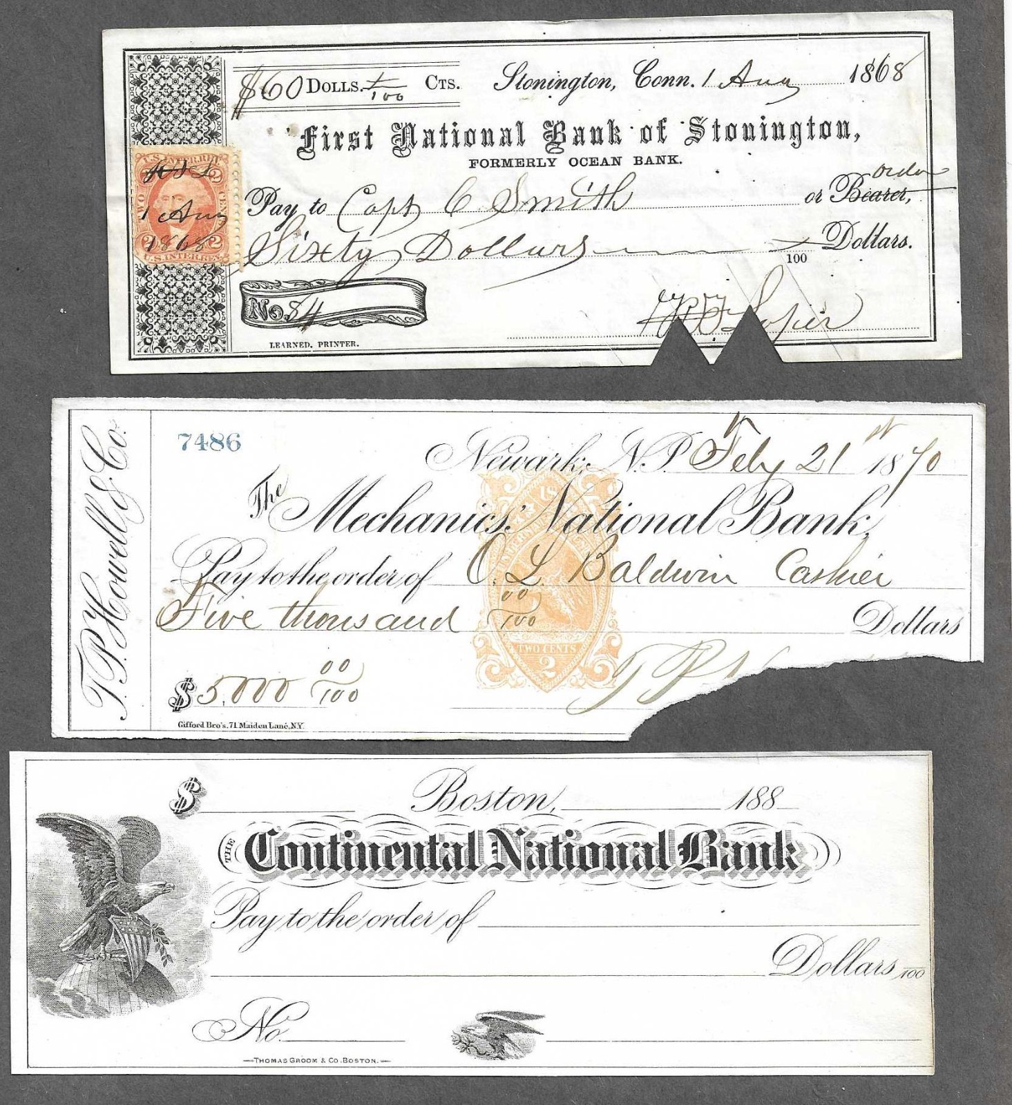3 Bank Checks 1868-1880'S