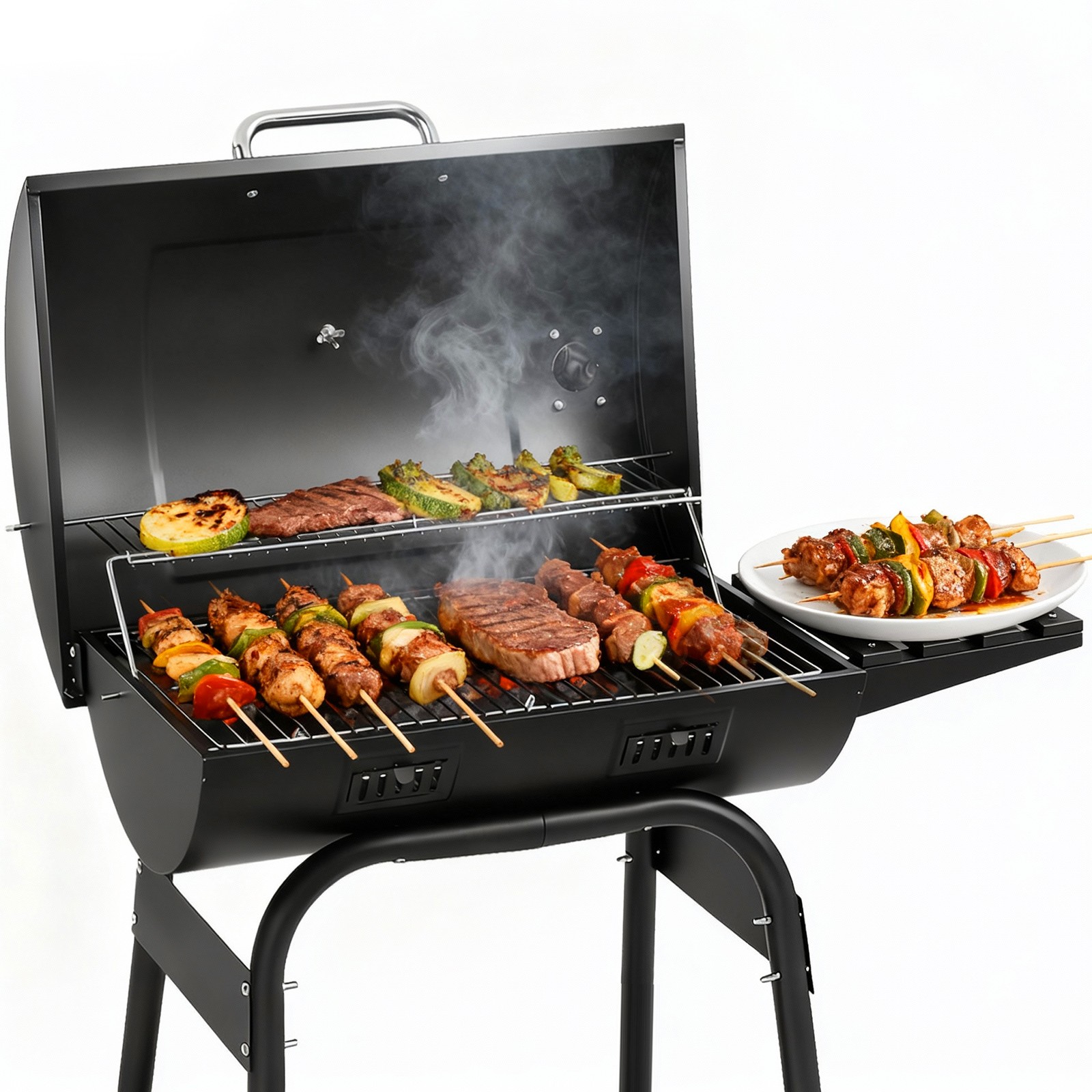 40" Barrel Charcoal Grill with Side Shelf, Stainless Steel Stove Camping Outdoor