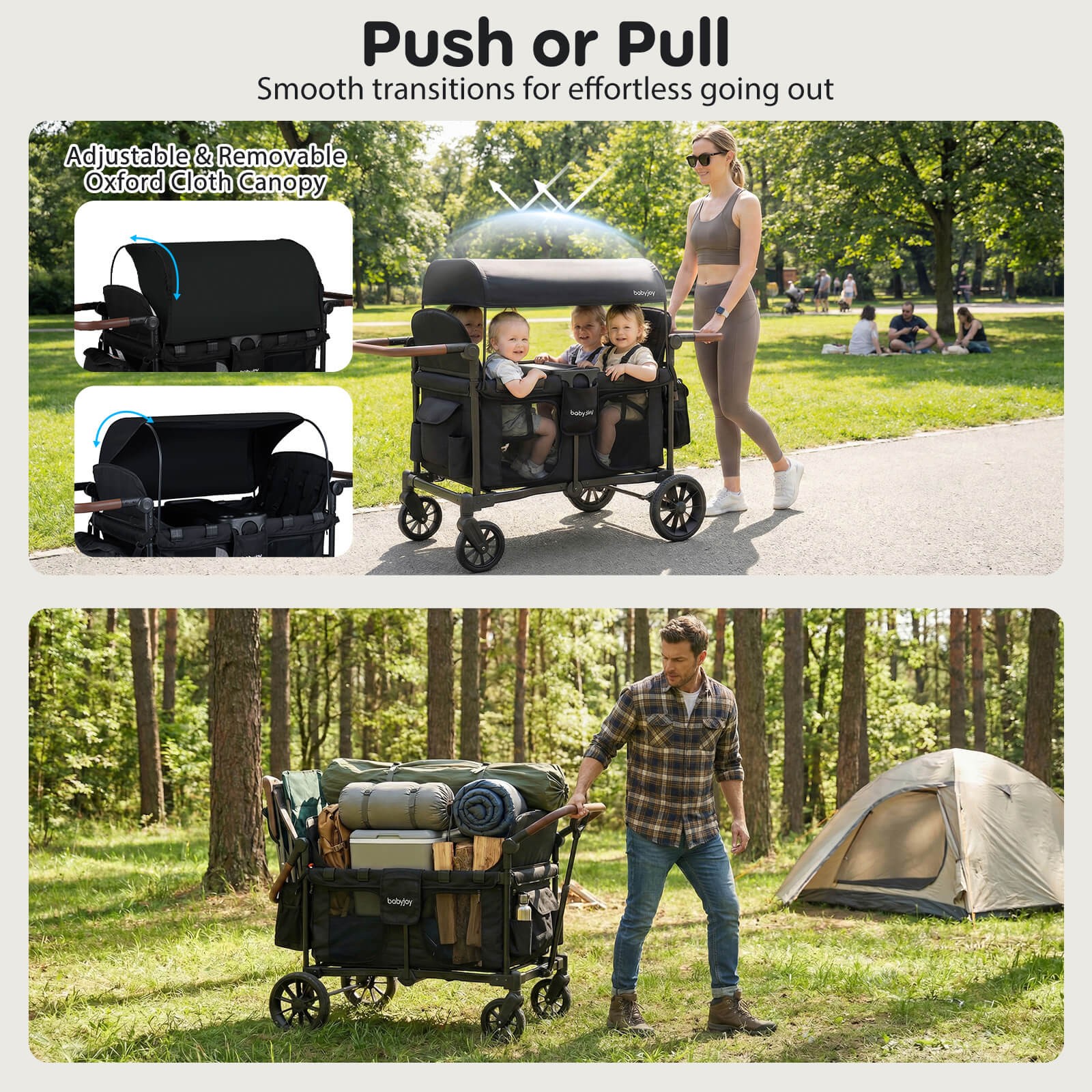 Wagon Stroller, Foldable 4-Seater Push-Pull Toddler Stroller w/Removable Canopy