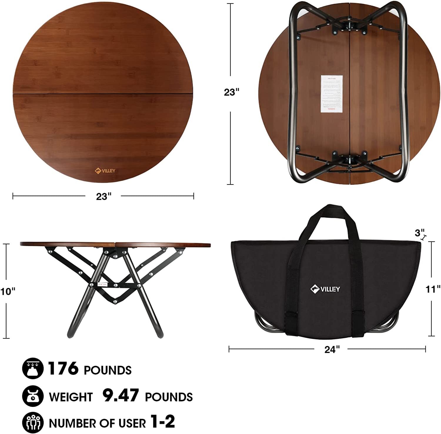 VILLEY Bamboo Round Folding Table with Carrying Bag Half-fold Portable Aluminum