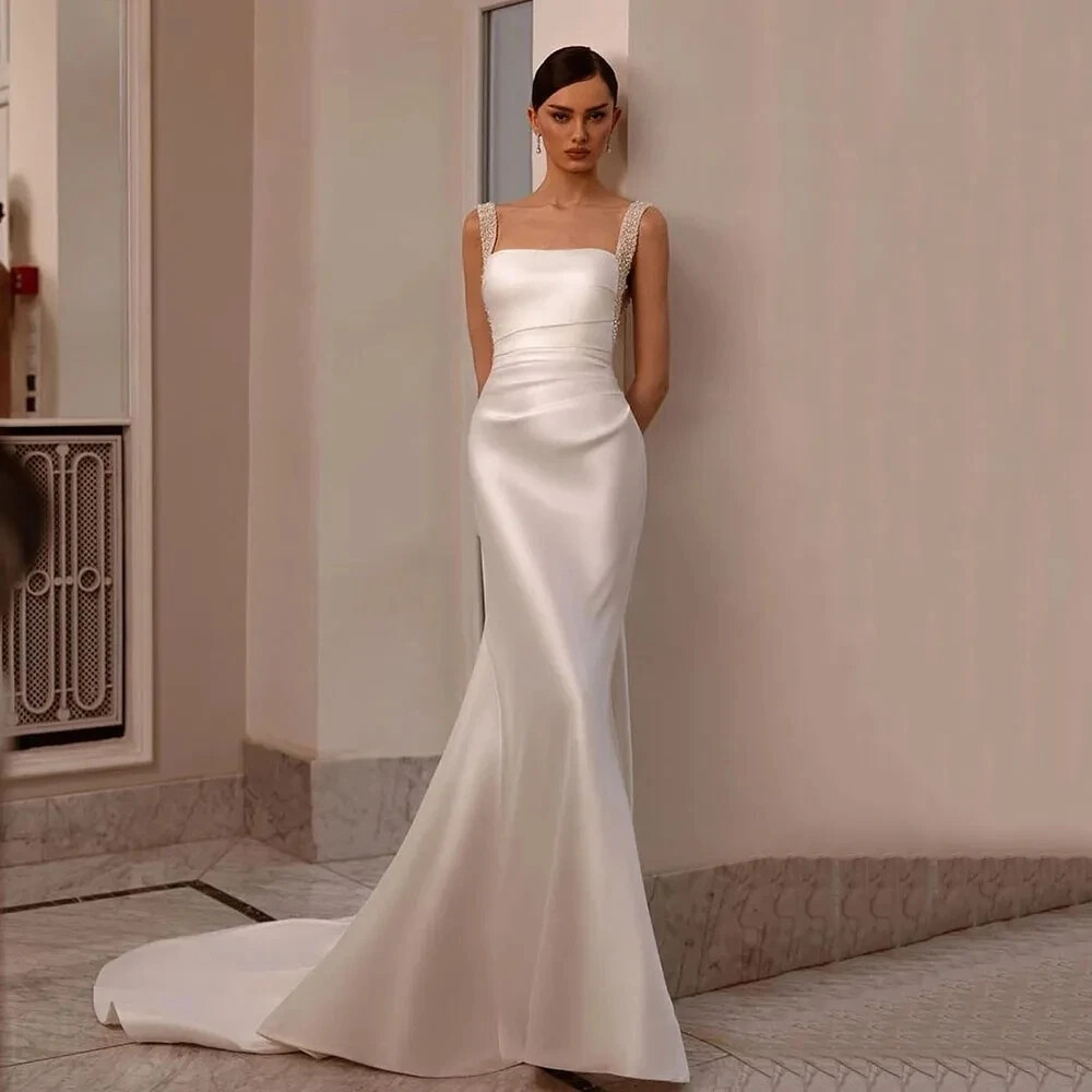 Elegant Pearls Mermaid Wedding Dresses Square Neck Sleeveless Satin Bridal Gowns