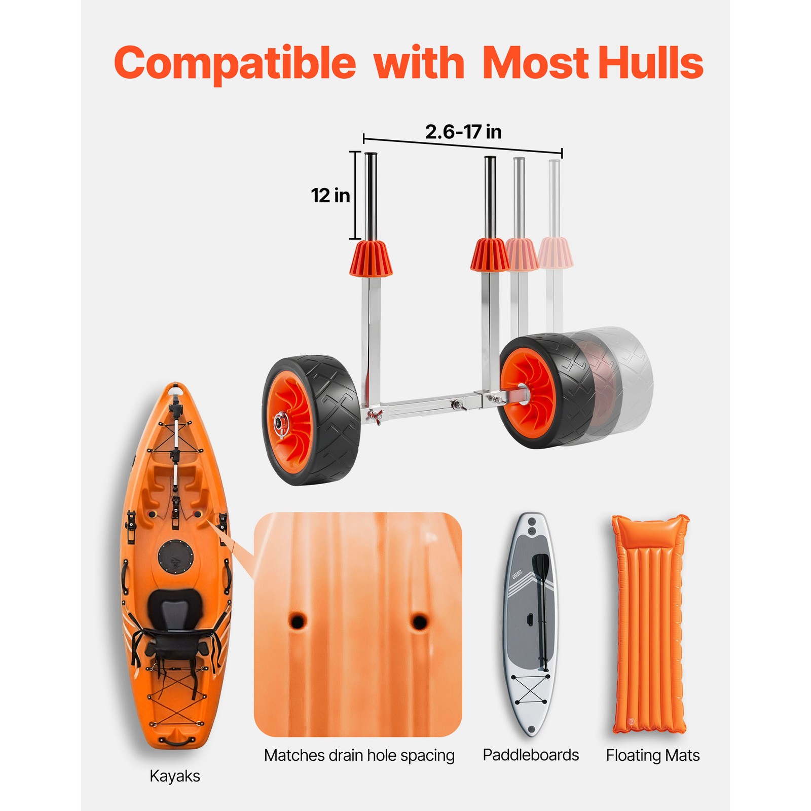 Uimoso Kayak Cart Canoe Boat Carrier Detachable 250lbs 7.5" Solid Rubber Tires