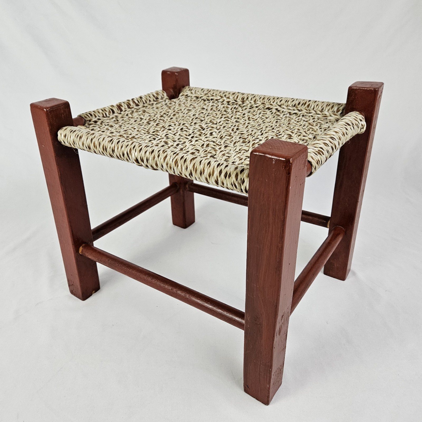 Vintage MCM Mission Footstool Stool Weaved Rope Macrame Top Arts & Crafts