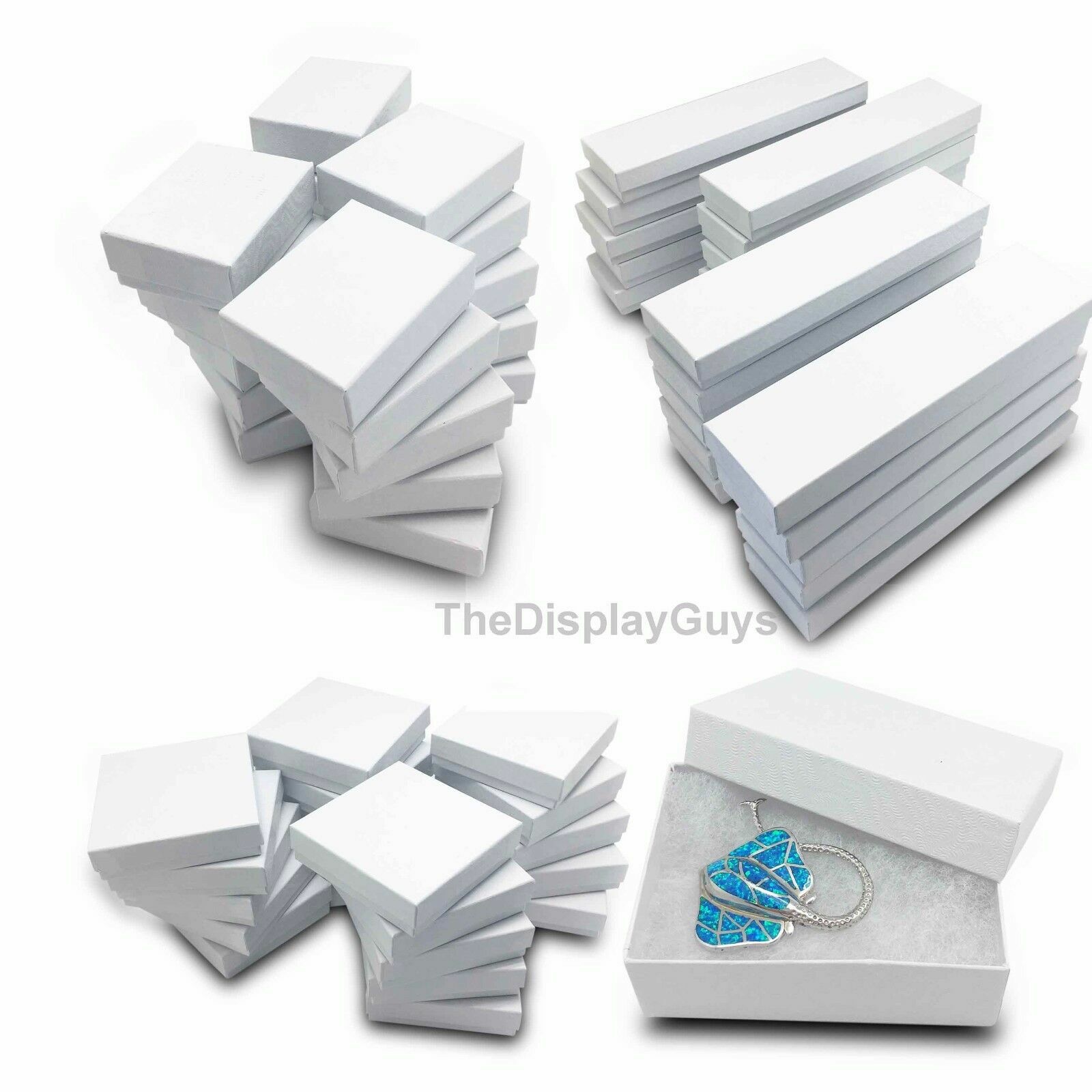 BULK Cardboard Jewelry Gift Boxes w/ Cotton Fill Padding - White Swirl 11 Sizes