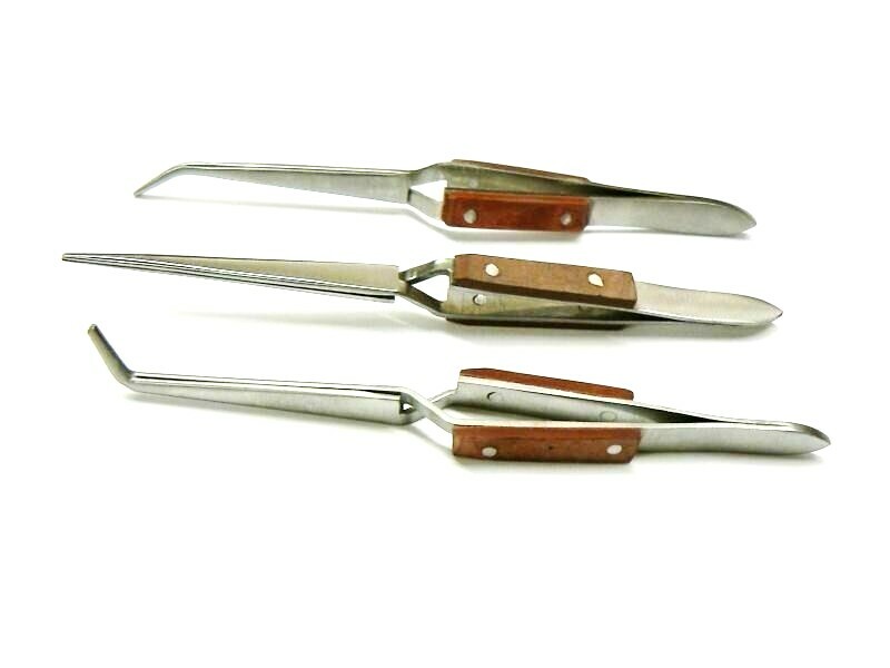 Fiber Grip Cross Lock Tweezers Self Closing 6" Set - Curved + 90° + Straight Tip