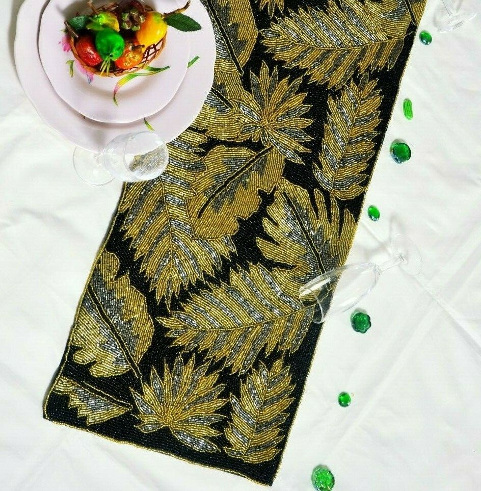 Beaded Table Runner Black And Gold Leaves Table Runner Autumn Tableware 13X36 In