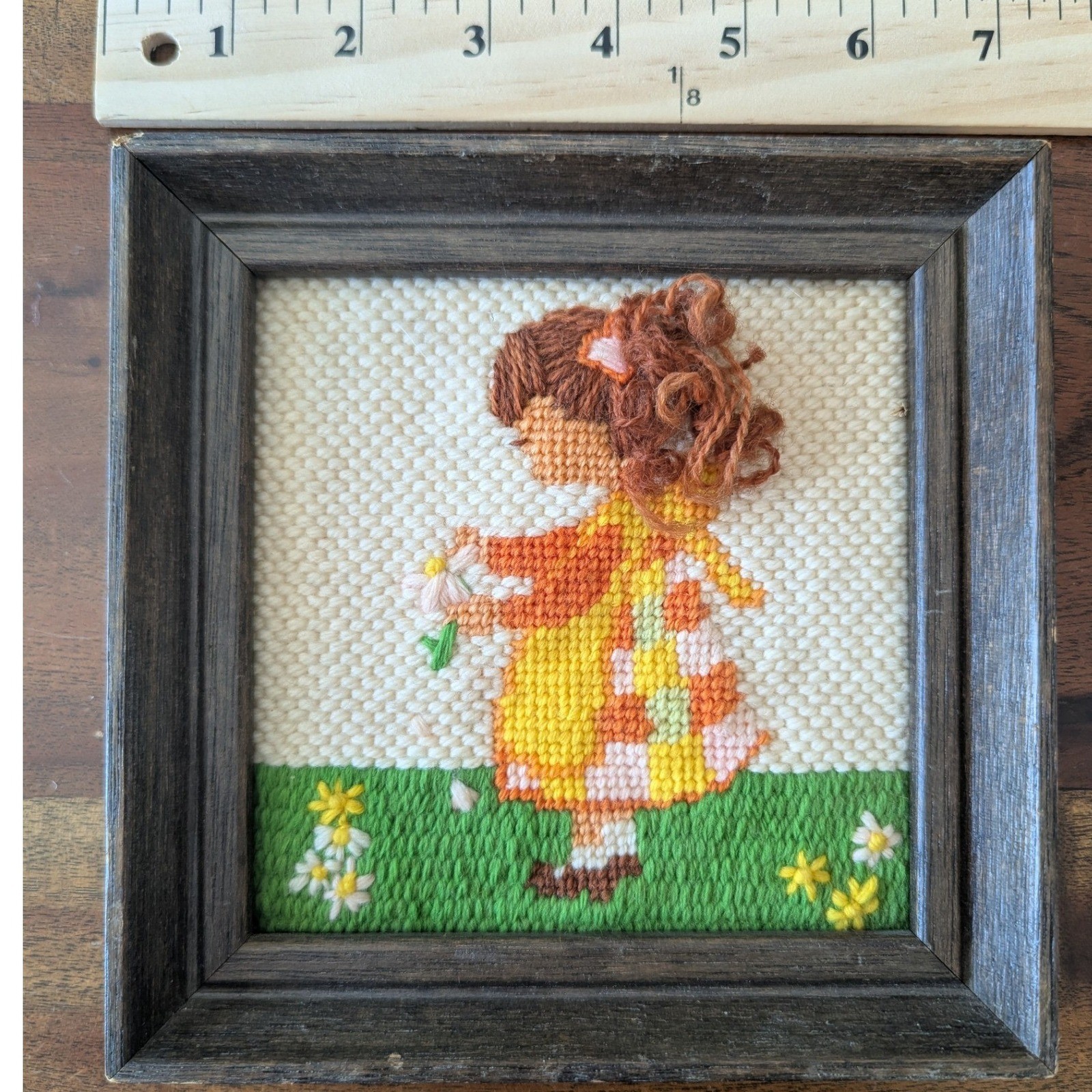 Vtg 70s Needlepoint Yarn Art Framed Set of 2 Little Girl Meadow Retro Nursey