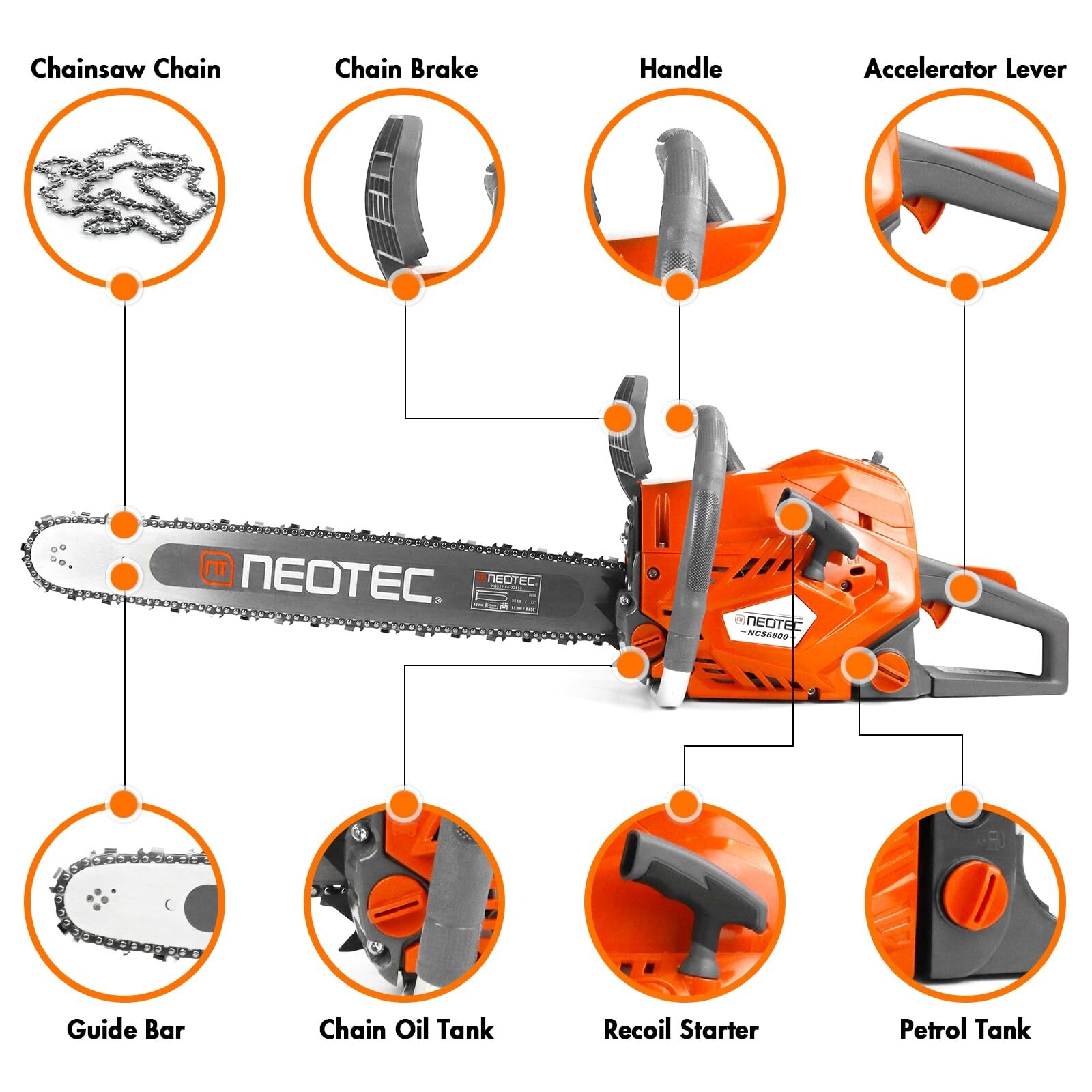 68CC 22'' 24'' Gasoline Chainsaw Powered Wood Cutting Engine Gas Chain Saw 2 Bar