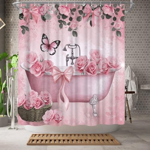 Bow Shower Curtain Rose Flower Butterfly Bathtub Painting Printed Cute Pink