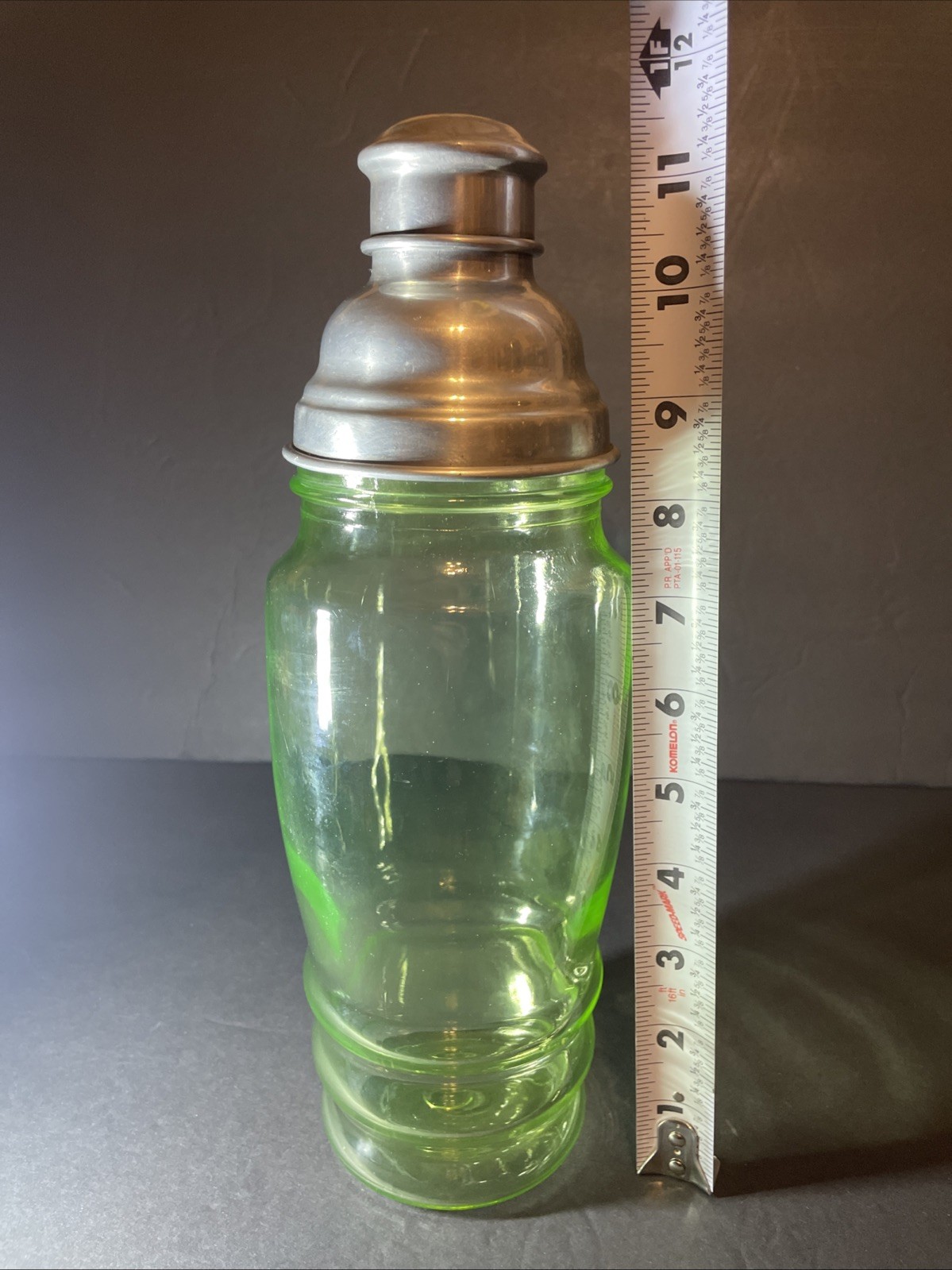 Vintage Green Uranium Glass Martini/Cocktail Shaker With Lids 11 Inches