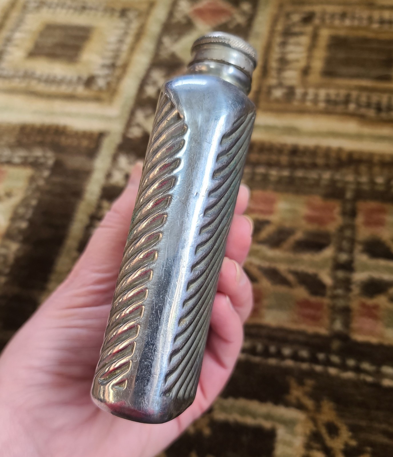 Antique Silver & Copper Plated Glass Ribbed Hip Flask 5-3/8" Tall Vintage