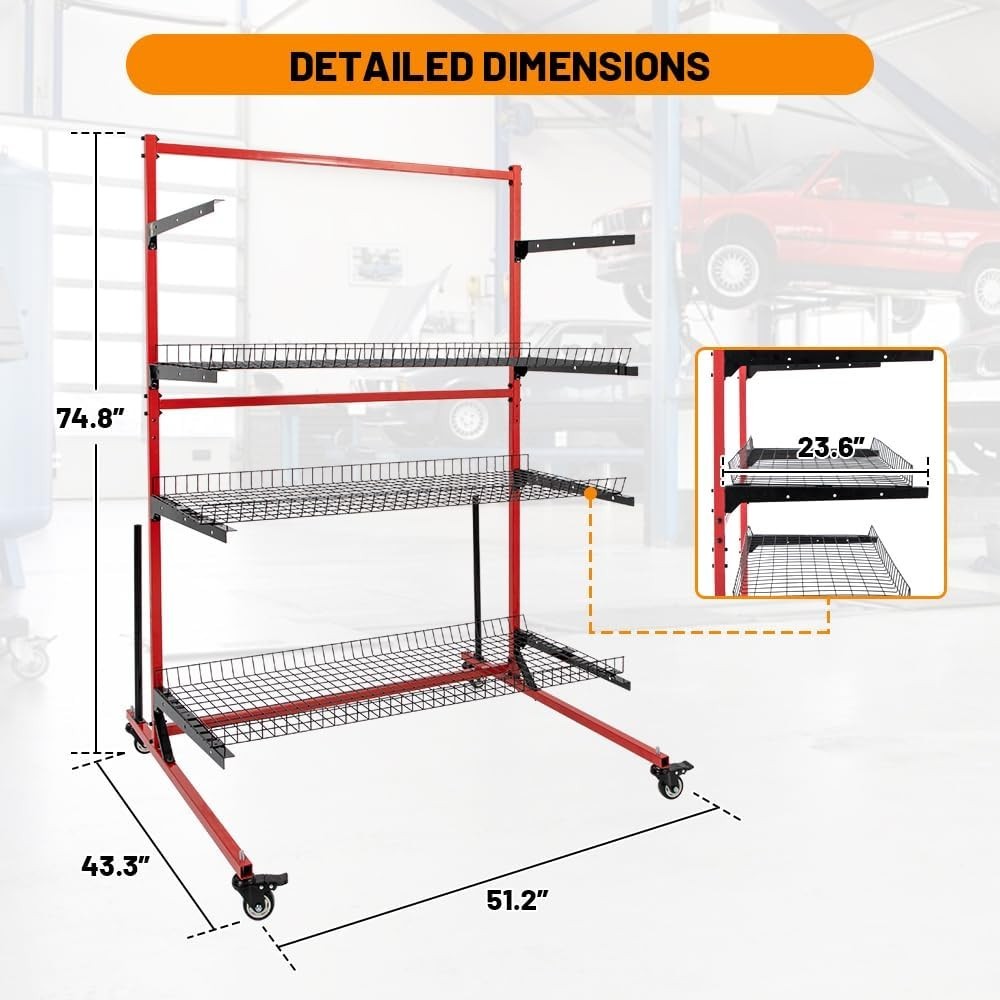 Parts Management Storage Cart 3 Shelves Auto Body Rolling Parts Rack with Wheels