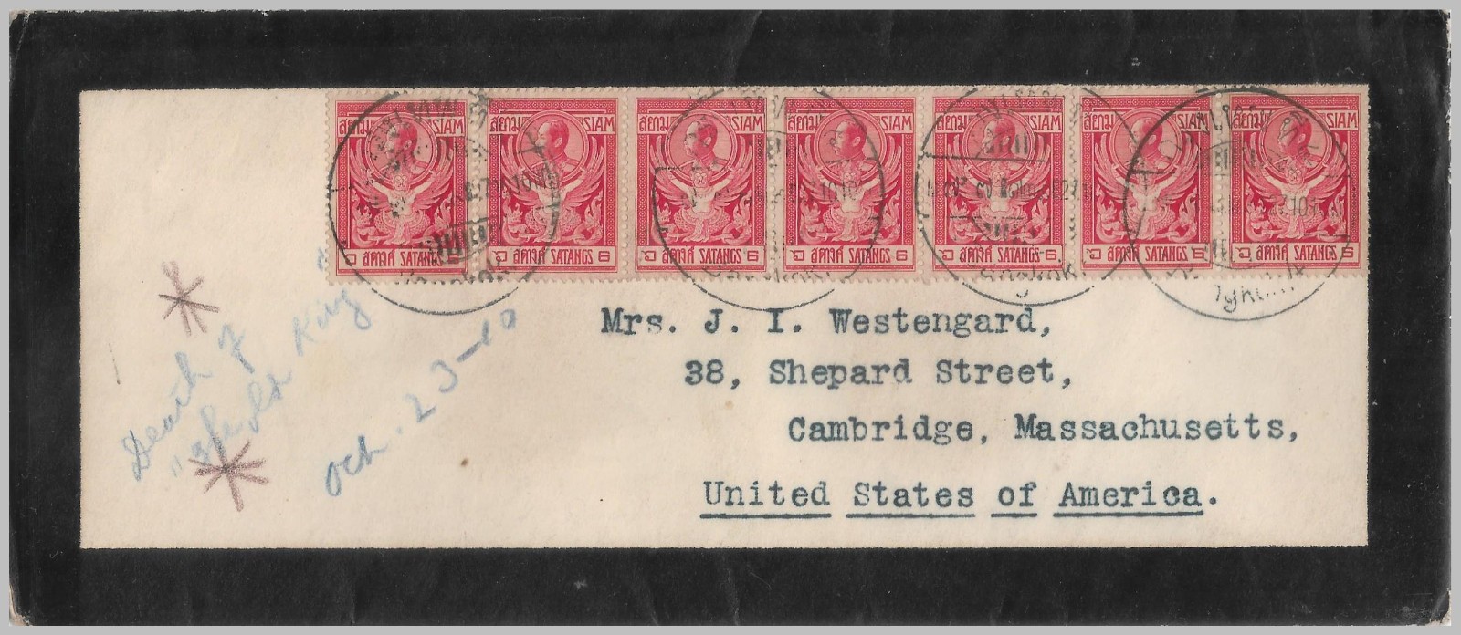 THAILAND SIAM 1910 - Official cover from the Palace mourning the death of RAMA V