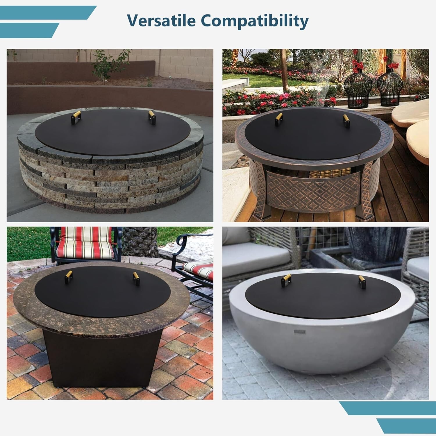 Round Fire Pit Lid - 38 inch fire pit lid Metal W/Wooden Handles Fit