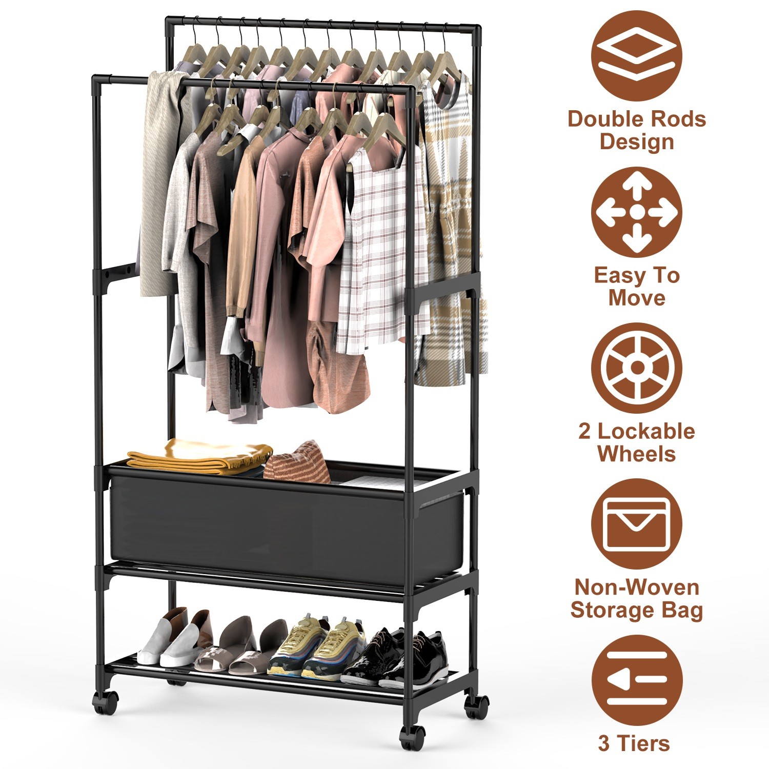 3-Tiered Garment Rack w/ Storage Bag Rolling Clothes Organizer Dual Rods Hanging