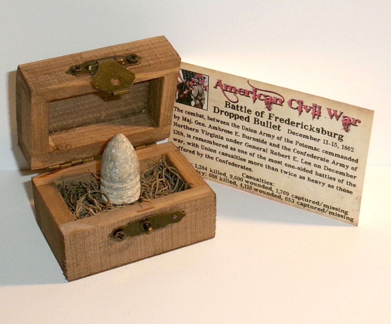 Civil War Bullet Battle of Fredericksburg, Wood Chest, Information Card and COA