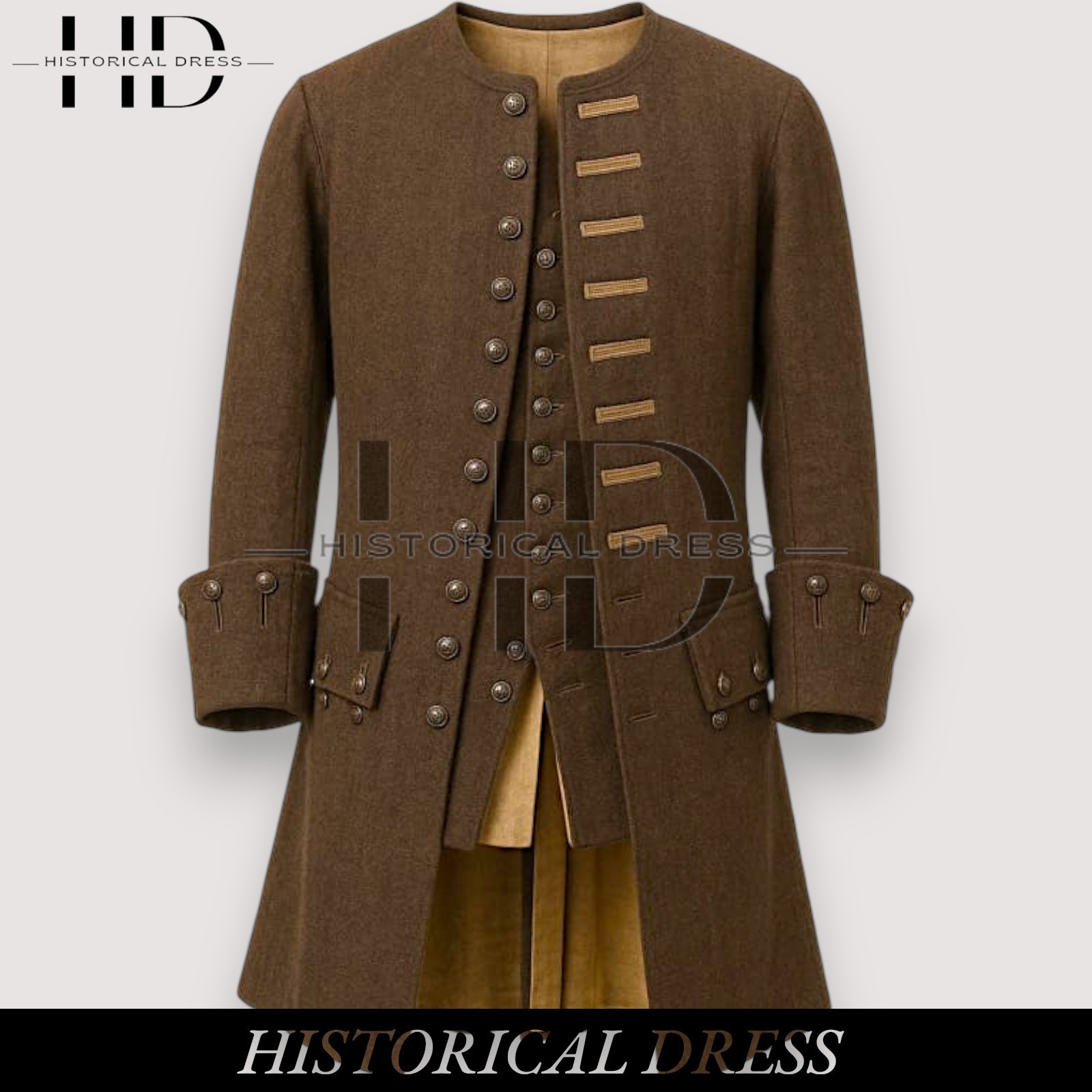 Men's 18th Century Regency Brown Wool Frock Coat&Vest Colonial Military Tailcoat