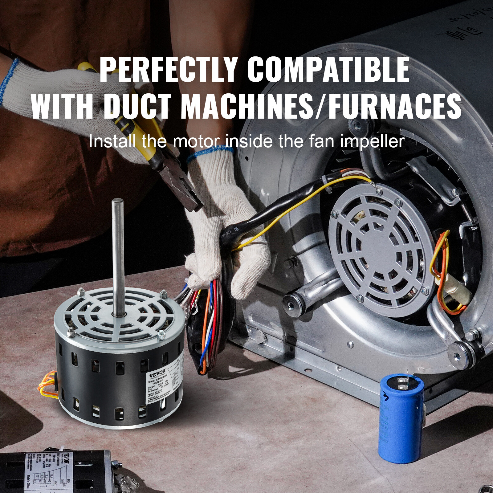 VEVOR 1/3HP Furnace Blower Motor 110-120V 4.4A 1075RPM 4 Speeds 48 Frame 1 Phase