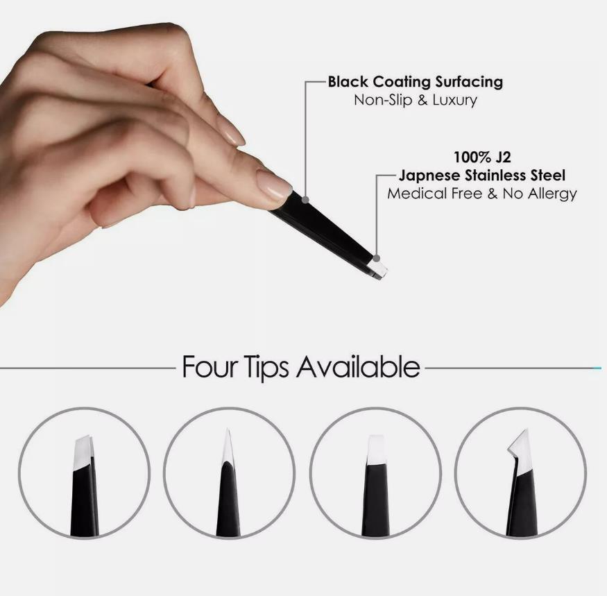 Tweezers Set 4-Piece Professional Black Plucker Stainless Steel With Case US