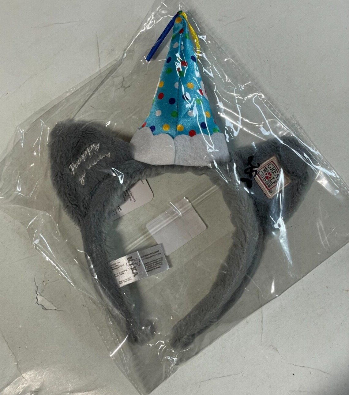 NEW Great Wolf Lodge BLUE Headband Birthday Party Hat Plush Gray Fur Ears